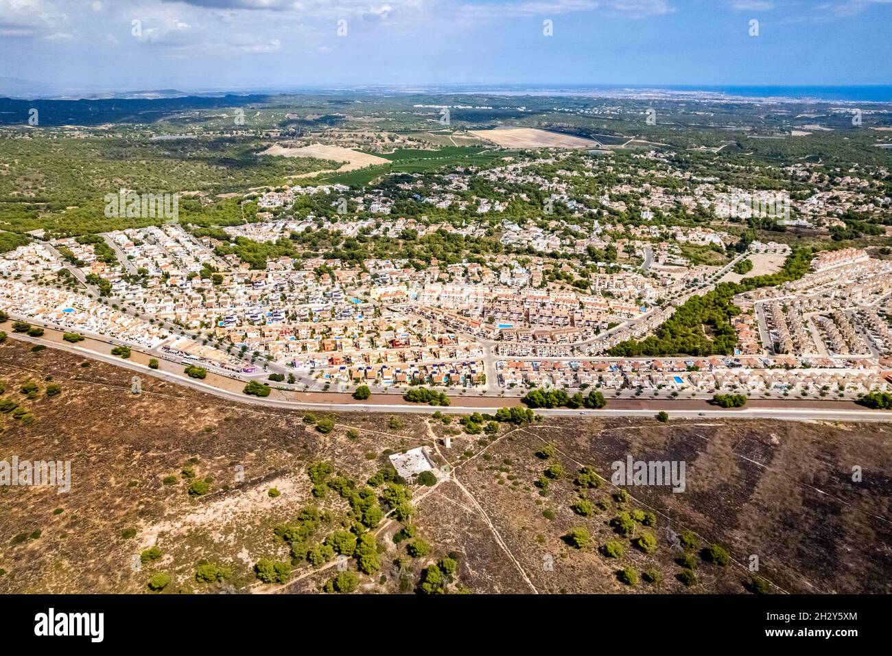 Aerial view countryside of Pinar de Campoverde townscape with farmlands ...