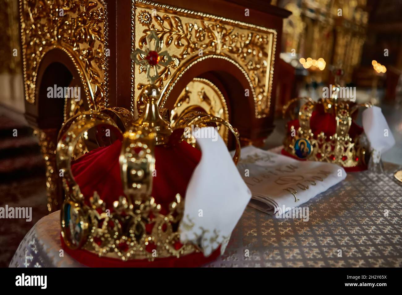 Traditional wedding crowns in a church. Wedding crown in church ready ...