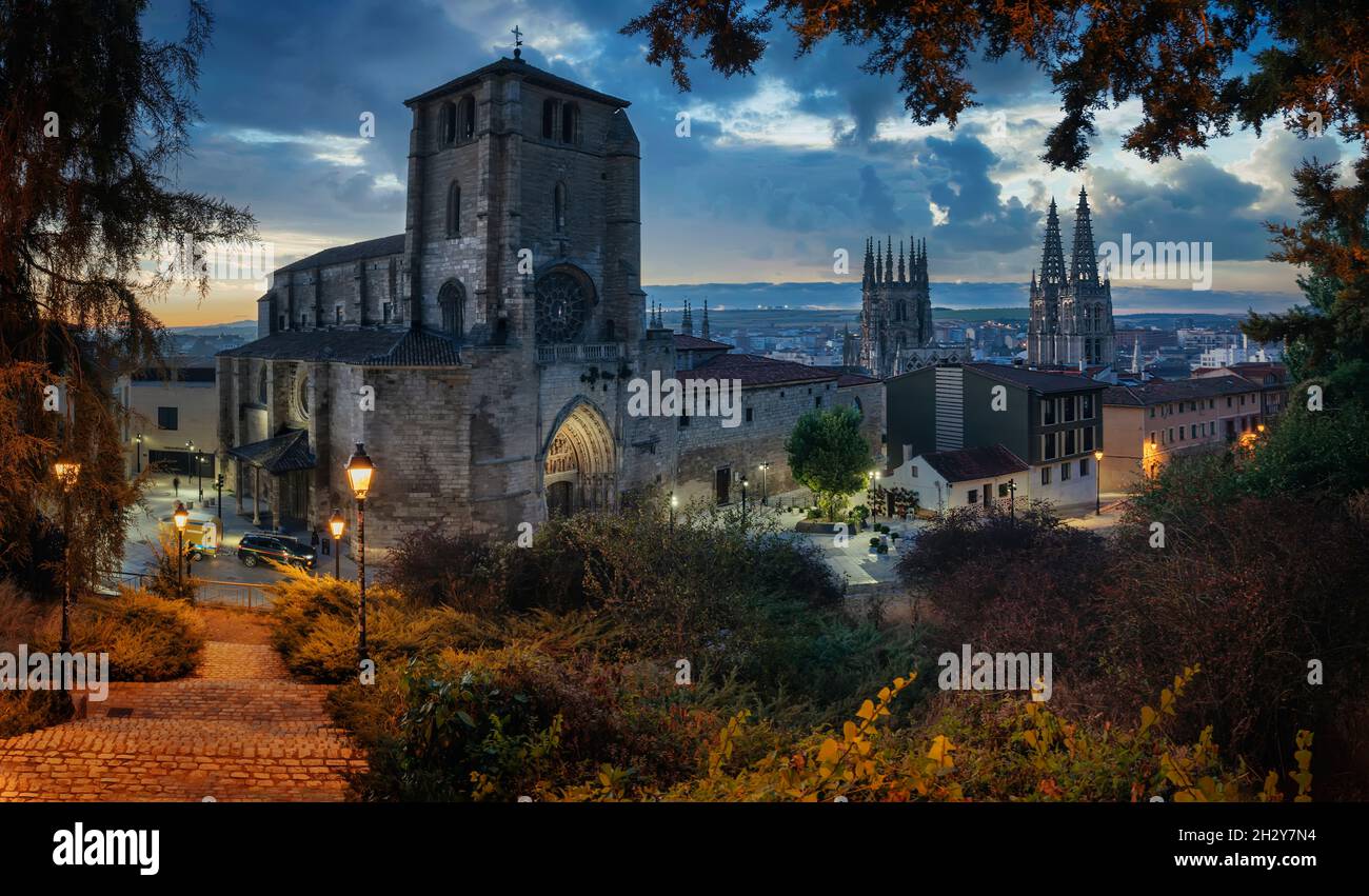 Panoramic view at dawn of the Church of San Esteban in the city of Burgos. Stock Photo