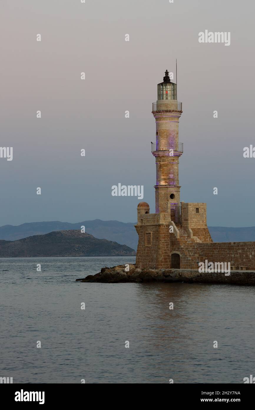 Lighthouse in Chania, Crete, Greece, early morning scenery. Stock Photo