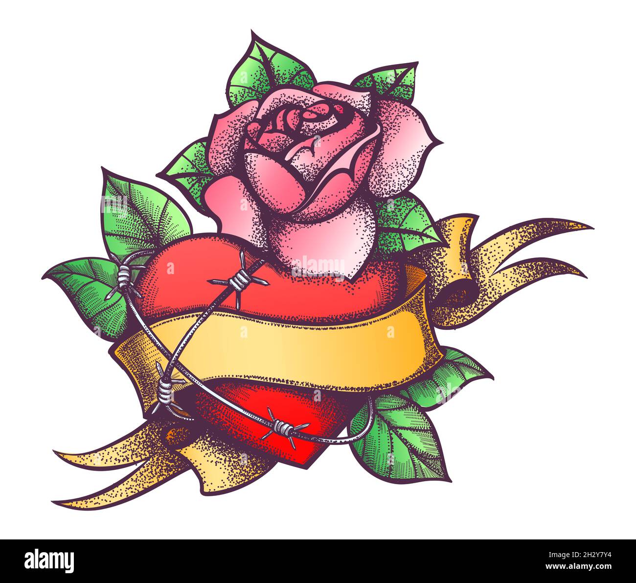 Colorful tattoo of Heart and Rose Flower and barbed Wire isolated on white. Vector illustration. Stock Vector
