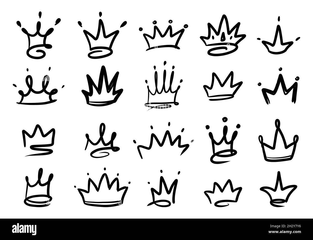 Doodle King Queen Crown Hand Drawn Logo Black Set Vector Kingdom