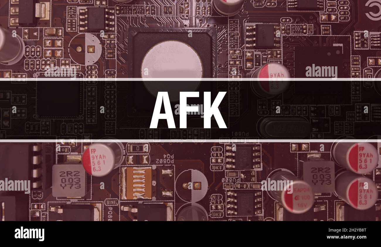 AFK concept illustration using Computer Chip in Circuit Board. AFK close up of integrated circuits board background. AFK on Electronic Computer Hardwa Stock Photo