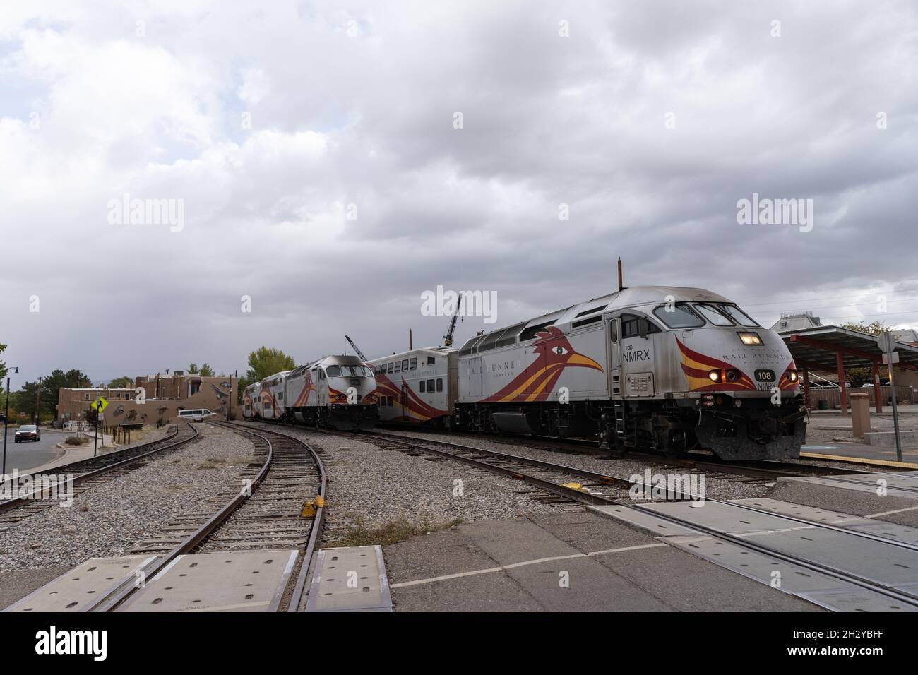 New Mexico Rail Runner Express trains are seen waiting in Santa Fe, NM at the northern terminus of the commuter rail line on October 12, 2021. Stock Photo