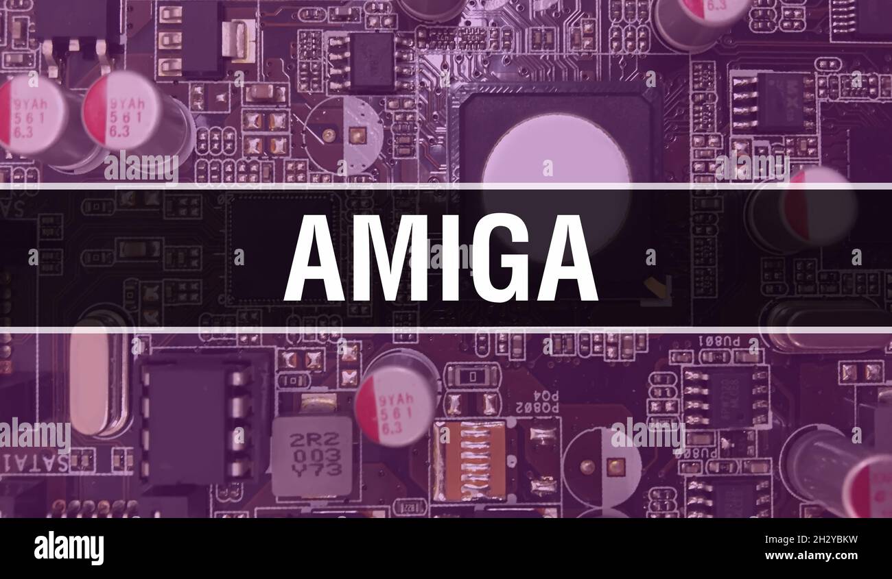 Amiga text written on Circuit Board Electronic abstract technology background of software developer and Computer script. Amiga concept of Integrated C Stock Photo