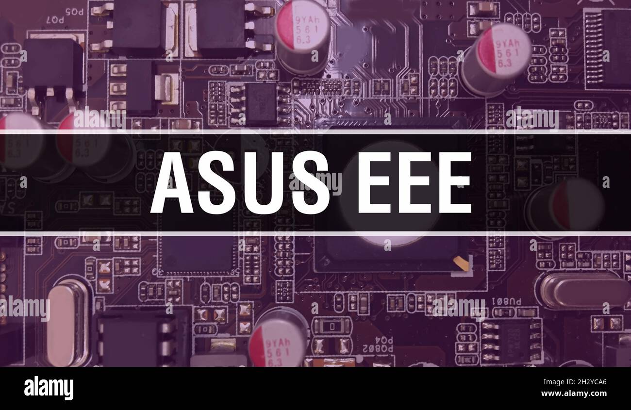 Asus Eee with Electronic components on integrated circuit board Background.Digital Electronic Computer Hardware and Secure Data Concept. Computer moth Stock Photo