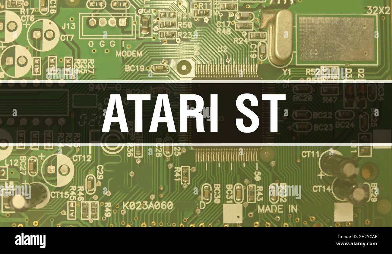 Atari ST concept with Computer motherboard. Atari ST text written on