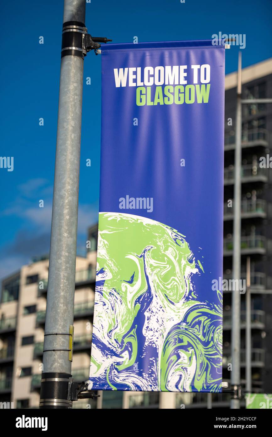 Glasgow, Scotland, UK. 24 October 2021 PICTURED Branded COP26 banners are seen hanging from