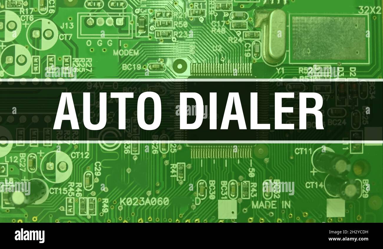 Auto Dialer concept with Computer motherboard. Auto Dialer text written on Technology Motherboard Digital technology background. Auto Dialer with prin Stock Photo