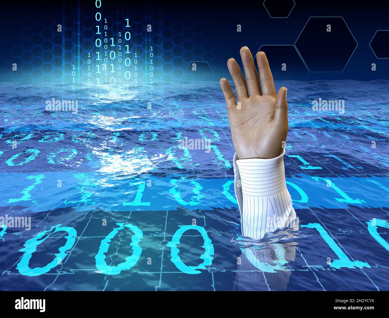 Man asking for help while drowning in a sea of digital data. Digital illustration. Stock Photo