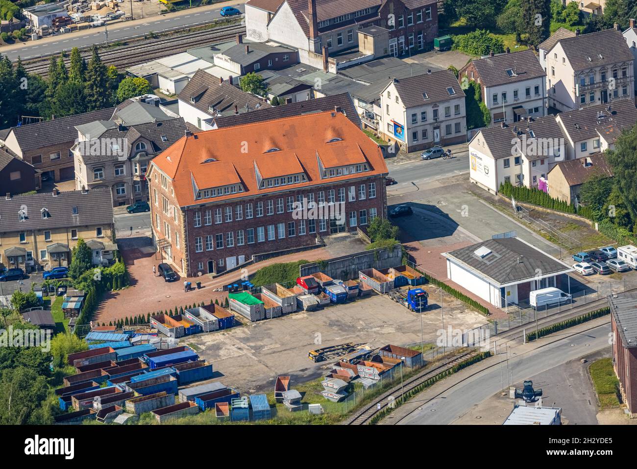 Aerial photograph, office building and medical centre Bahnhofstraße, Hüsten, Arnsberg, Sauerland, North Rhine-Westphalia, Germany, DE, Europe, commerc Stock Photo