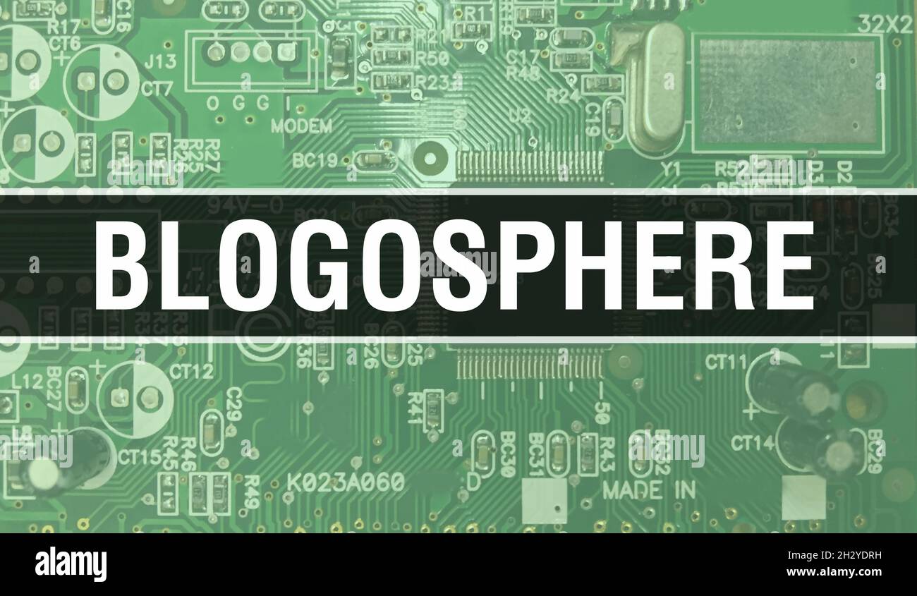 Blogosphere with Electronic components on integrated circuit board Background.Digital Electronic Computer Hardware and Secure Data Concept. Computer m Stock Photo