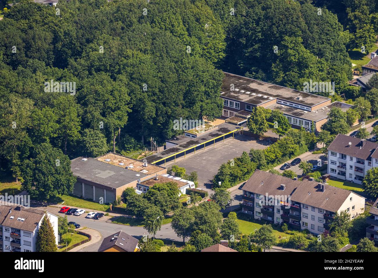 Aerial photograph, Müggenberg-Rusch primary school, Hüsten, Arnsberg, Sauerland, North Rhine-Westphalia, Germany, education, educational institution, Stock Photo