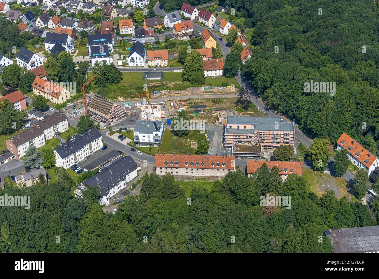Aerial photograph, construction site and new building of residential houses Zum Müggenberg, Neheim, Arnsberg, Sauerland, North Rhine-Westphalia, Germa Stock Photo