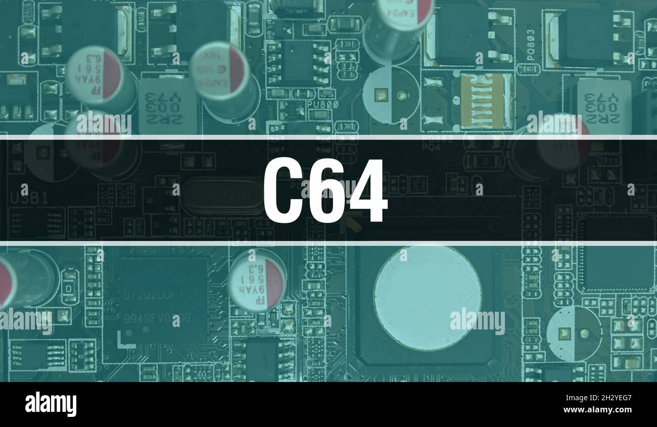 C64 with Technology Motherboard Digital. C64 and Computer Circuit Board Electronic Computer Hardware Technology Motherboard Digital Chip concept. Clos Stock Photo