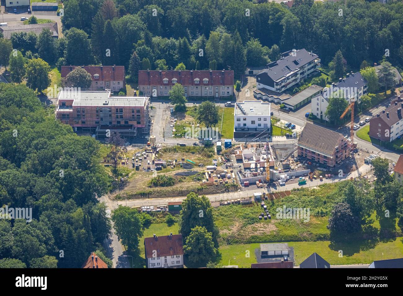 Aerial photograph, construction site and new building of residential houses Zum Müggenberg, Neheim, Arnsberg, Sauerland, North Rhine-Westphalia, Germa Stock Photo