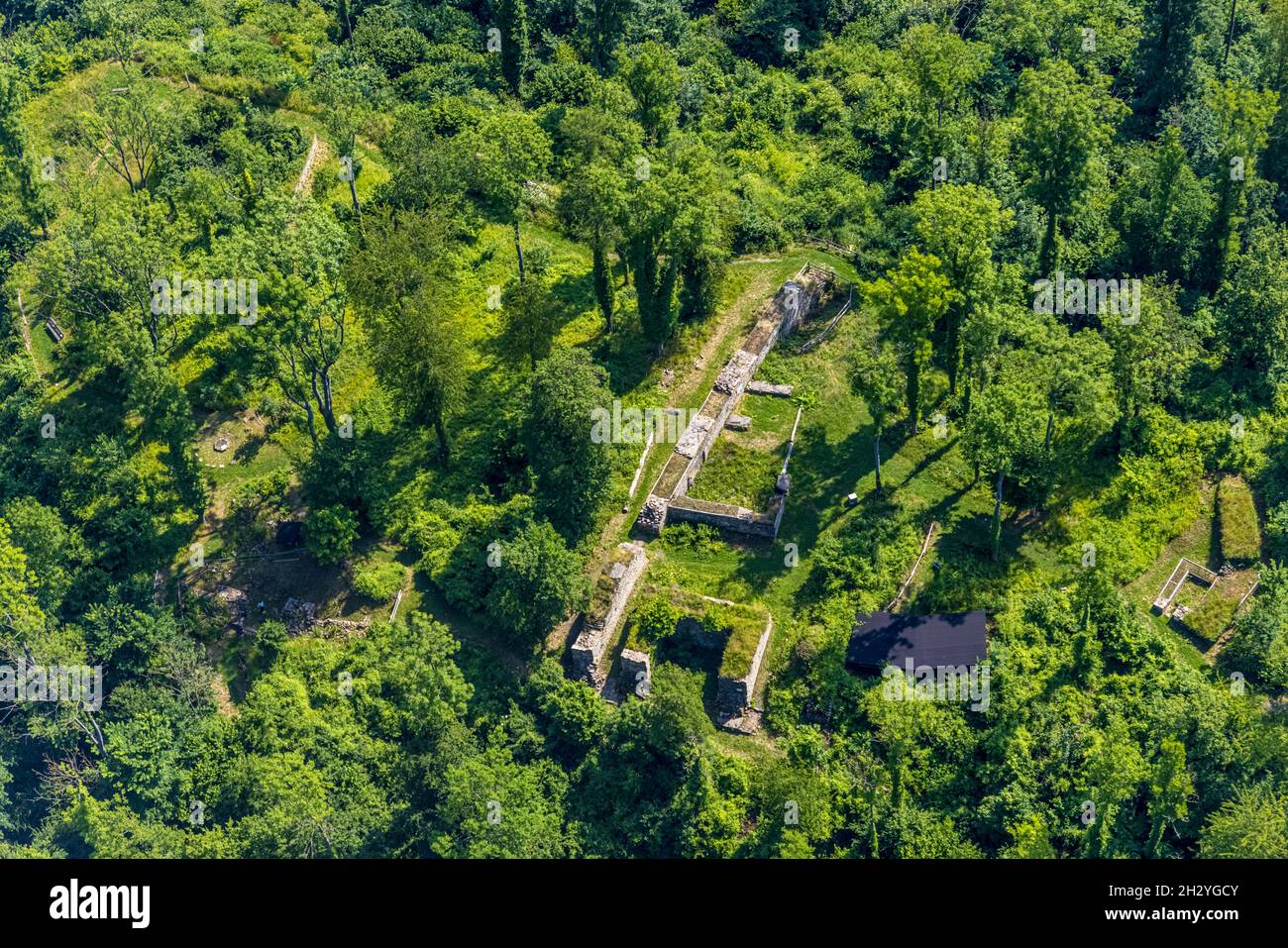 Aerial view, castle ruin Rüdenburg in forest area, Arnsberg, Sauerland ...