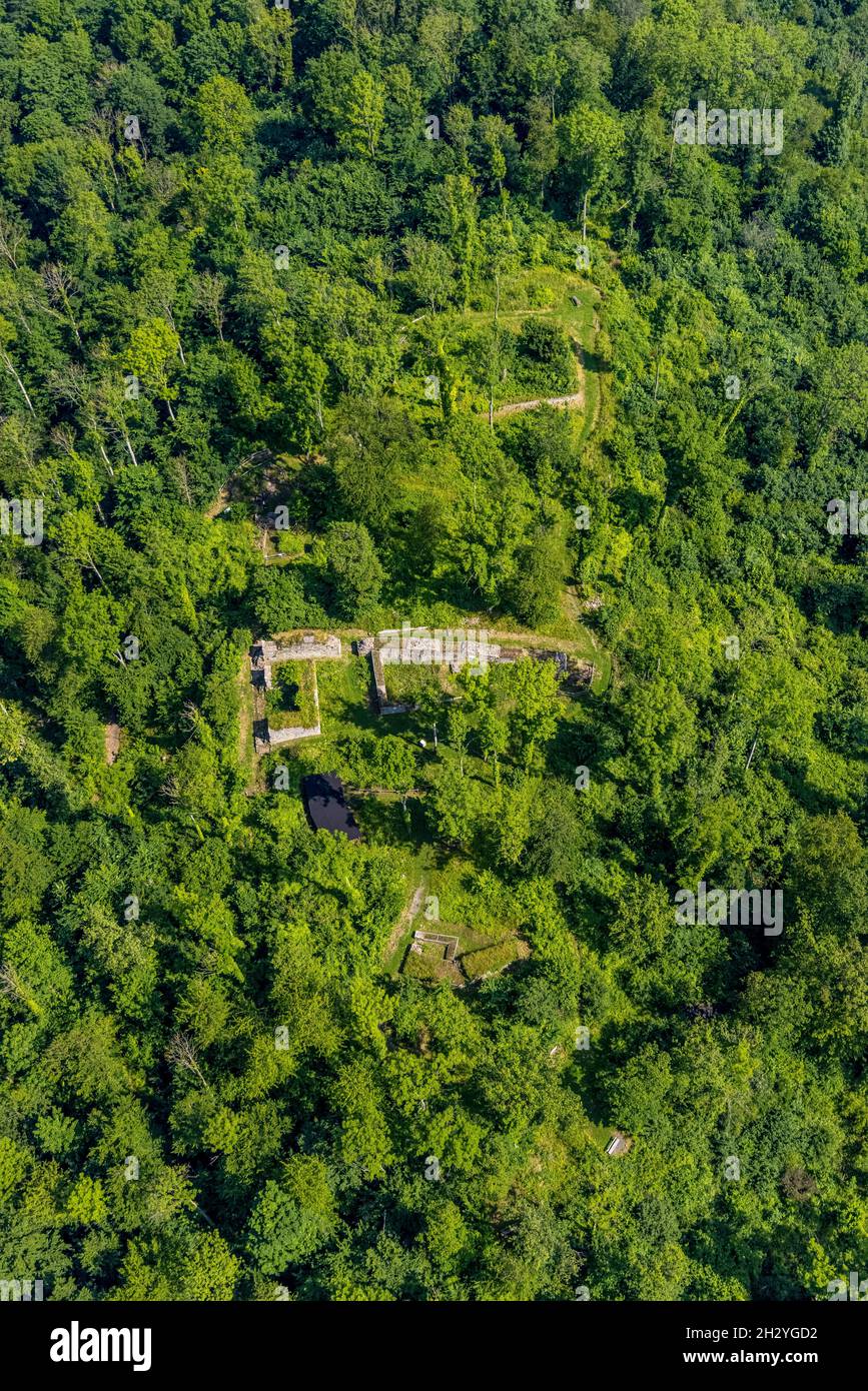 Aerial view, castle ruin Rüdenburg in forest area, Arnsberg, Sauerland ...