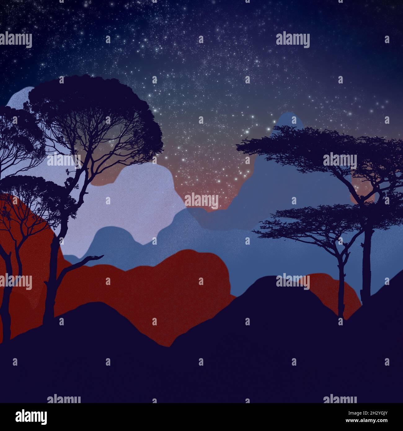 An illustration of a night starry sky over the forest with high trees ...