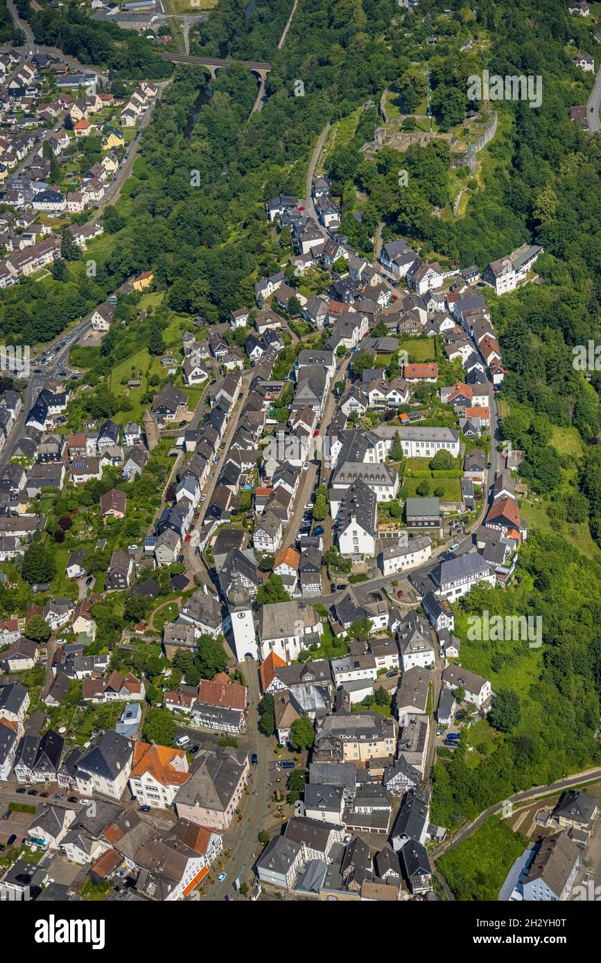 Aerial view, old town with bell tower, castle street and castle ruin Arnsberg , Arnsberg, Sauerland, North Rhine-Westphalia, Germany, castle ruin, DE, Stock Photo