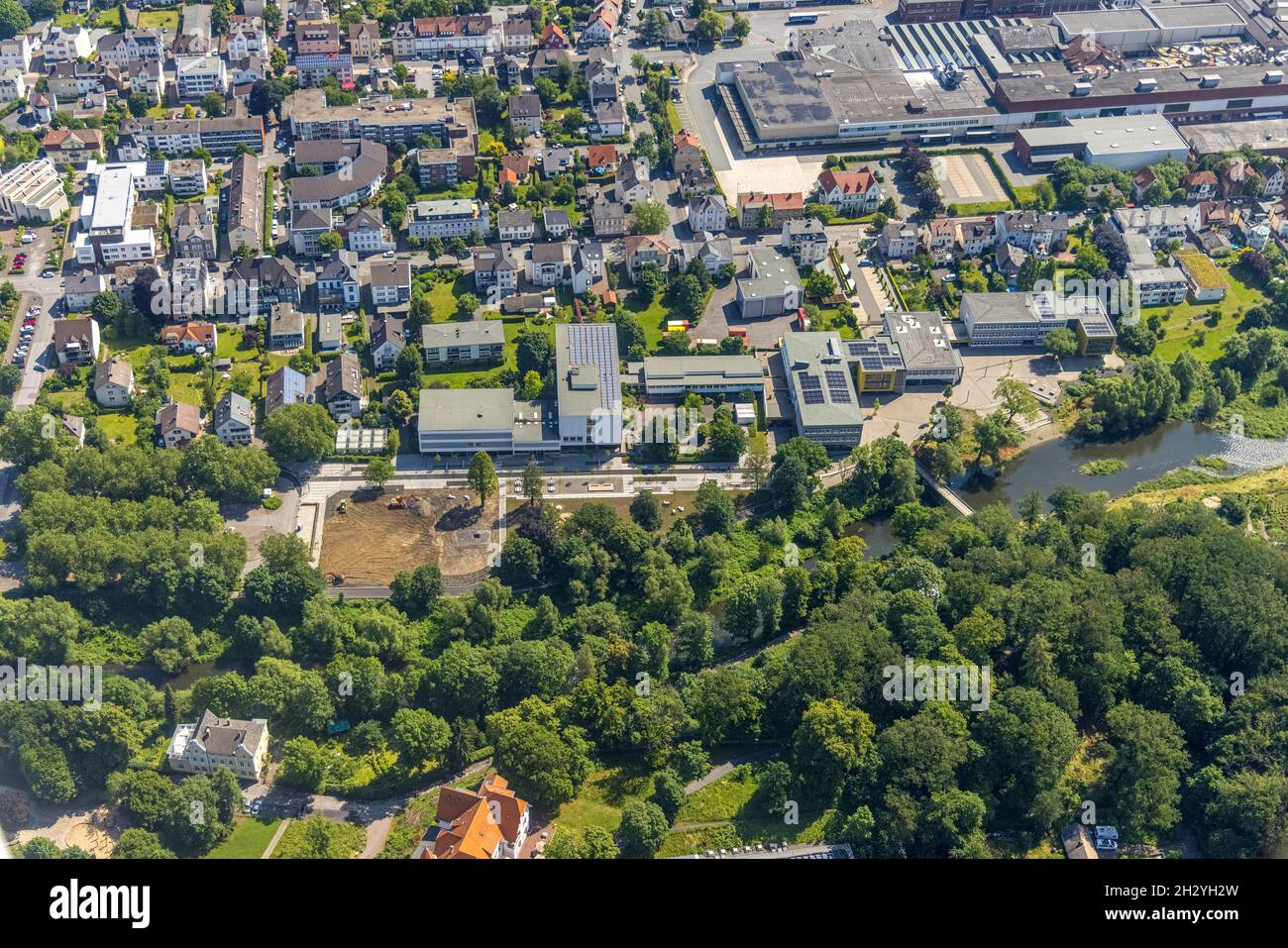 Aerial view, Berufskolleg Am Eichholz, construction site, Arnsberg, Sauerland, North Rhine-Westphalia, Germany, construction work, construction area, Stock Photo