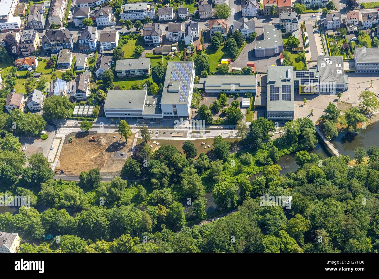 Aerial view, Berufskolleg Am Eichholz, construction site, Arnsberg, Sauerland, North Rhine-Westphalia, Germany, construction work, construction area, Stock Photo