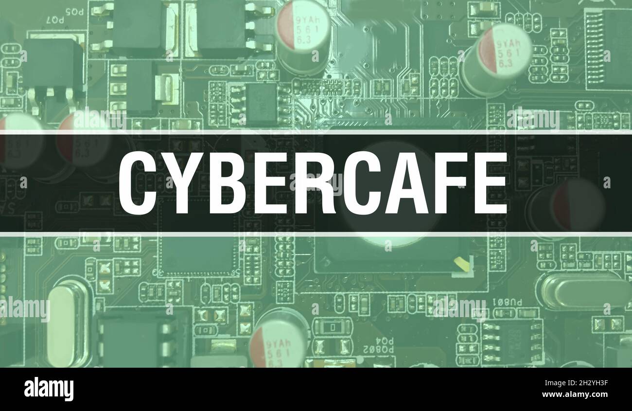 Cybercafe with Electronic components on integrated circuit board Background.Digital Electronic Computer Hardware and Secure Data Concept. Computer mot Stock Photo