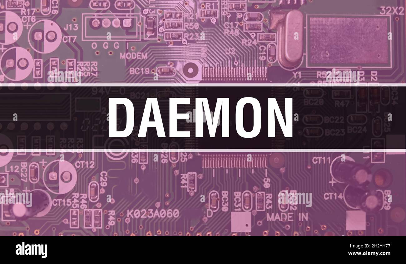 Daemon concept with Computer motherboard. Daemon text written on ...