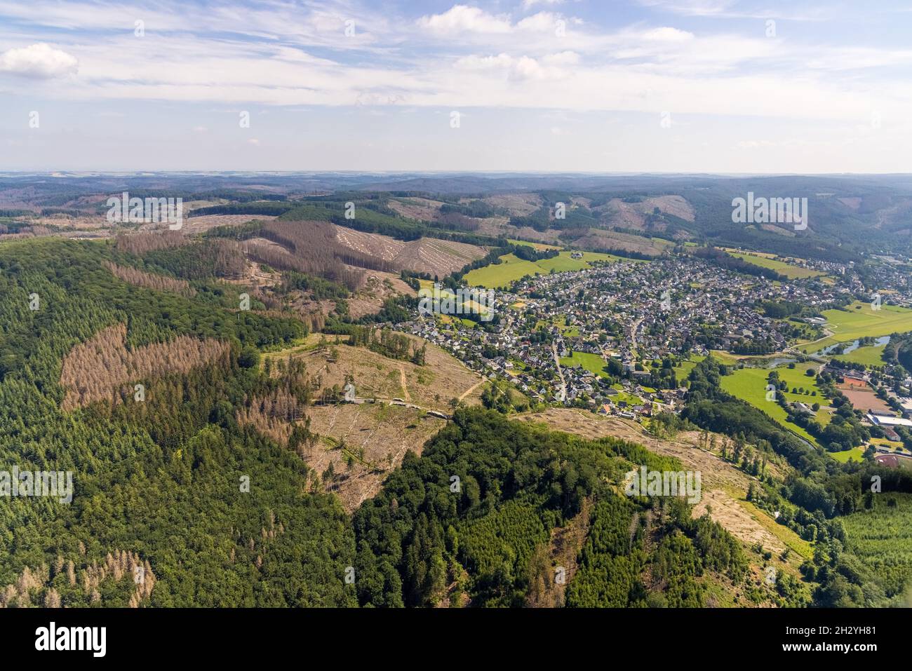 Aerial photo, Arnsberg forest, forest area with forest damage in Rumbeck, Arnsberg, Sauerland, North Rhine-Westphalia, Germany, tree dieback, Breitenb Stock Photo