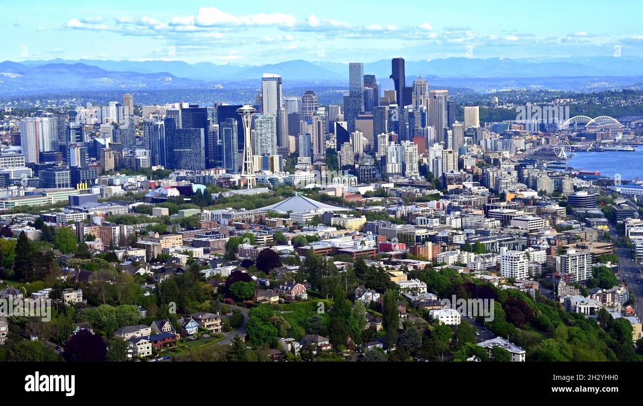 Seattle Riany View AERIAL VIEWS OF SEATTLE, WASHINGTON, USA...ELLIOTT BAY, MT RAINIER, AND ...
