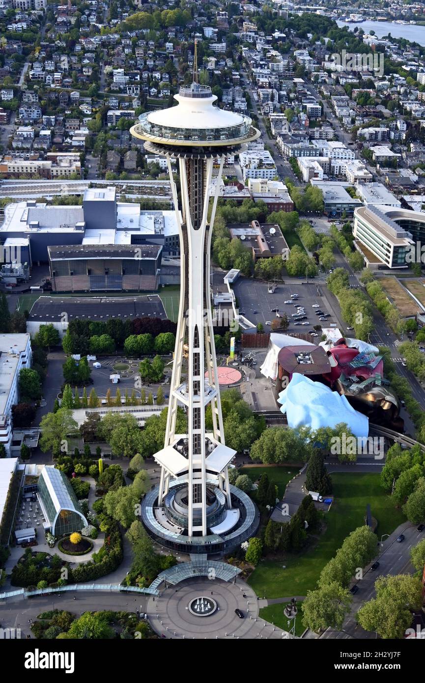 AERIAL VIEWS OF SEATTLE, WASHINGTON, USA...THE SPACE NEEDLE AND THE COLORFUL MUSEUM OF POP CULTURE AT THE SEATTLE CENTER Stock Photo