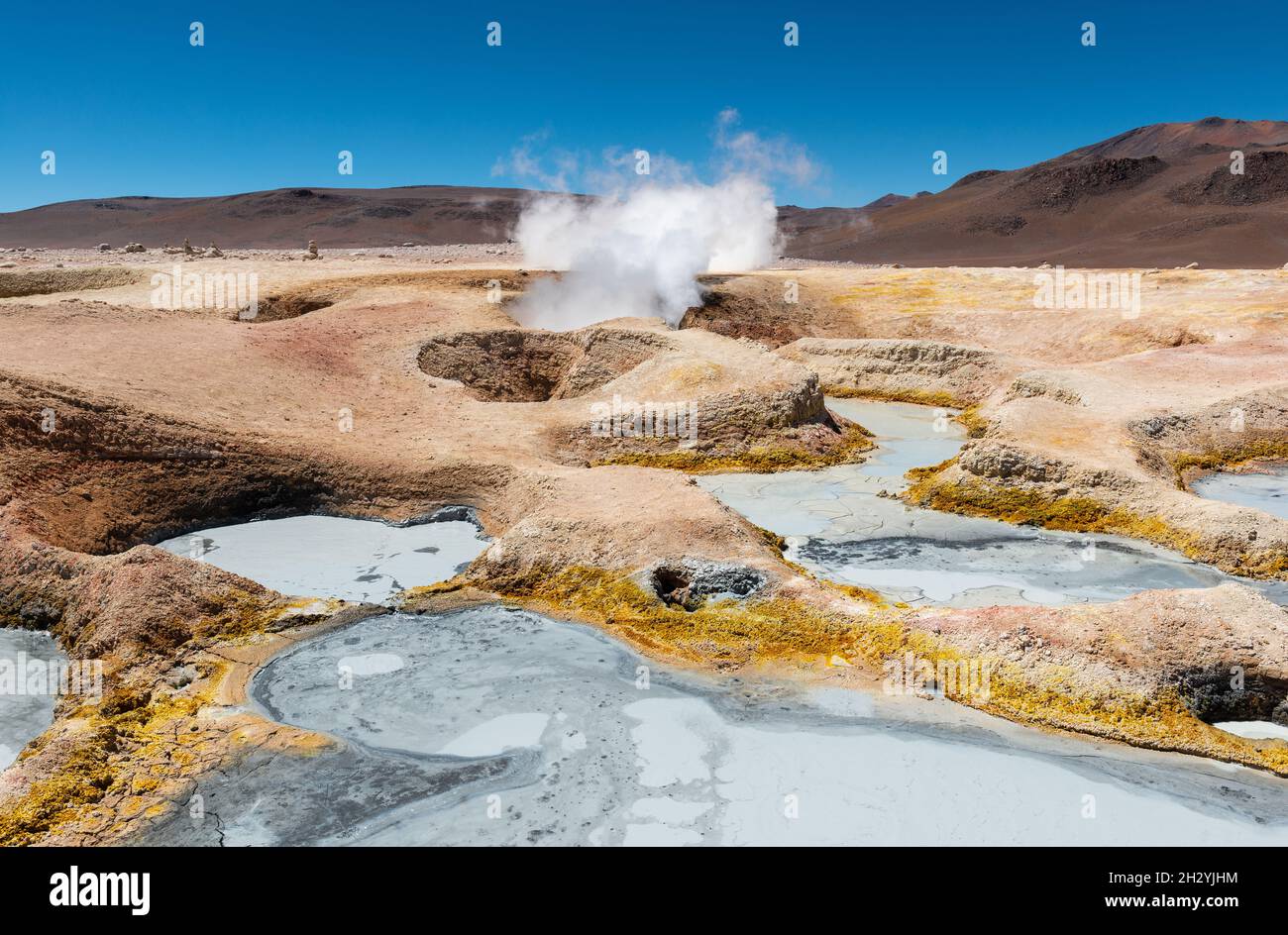 Sol de Manana (Morning Sun) geothermal area with steaming fumarole and mud pits, Uyuni region, Potosi department, Bolivia. Stock Photo