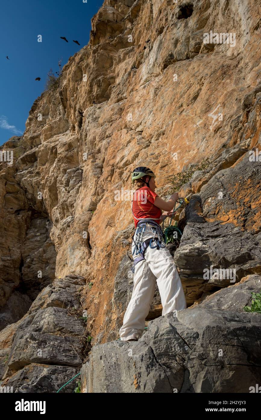 Female rock climber with clim and placing rock climbing safety gear in