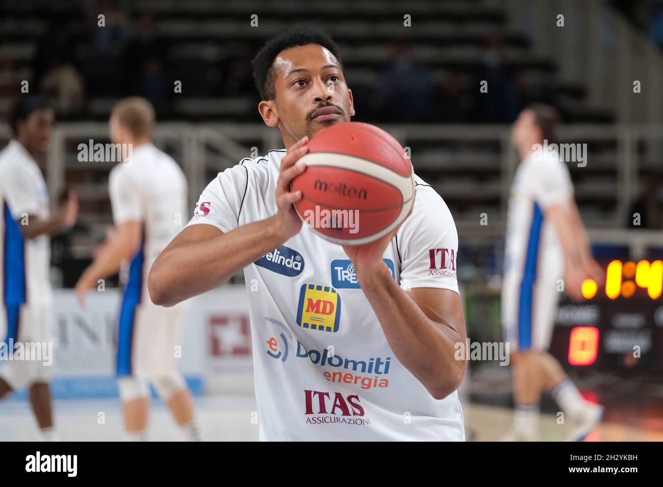 BLM Group Arena, Trento, Italy, October 24, 2021, Desonta Bradford - Aquila Basket Dolomiti Trentino Energia  during  Dolomiti Energia Trentino vs Nutribullet Treviso Basket - Italian Basketball A Serie  Championship Stock Photo