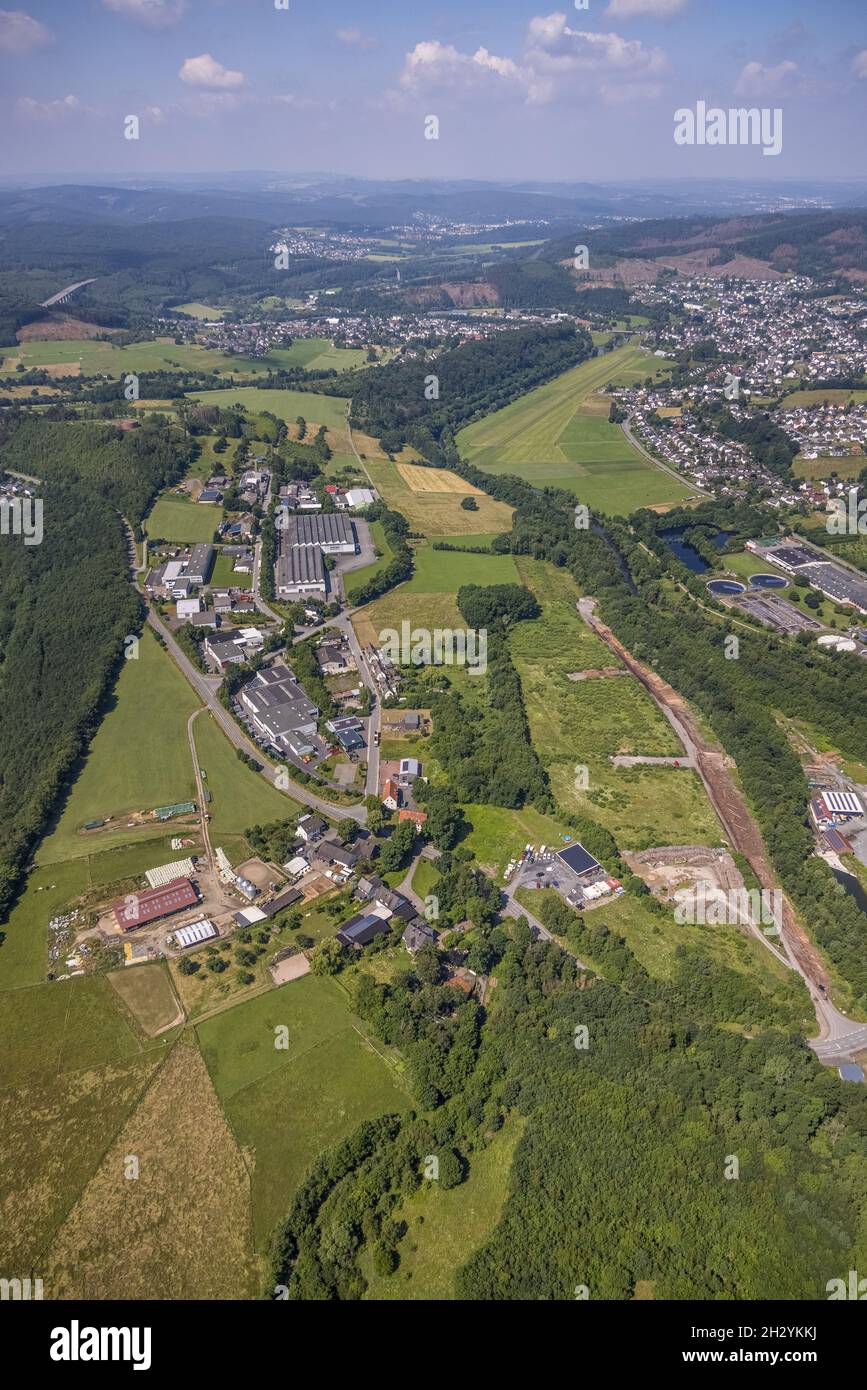 Aerial view, town view Wildshausen with airfield Oeventrop, Freienohl, Meschede, Sauerland, North Rhine-Westphalia, Germany, DE, Europe, air mission, Stock Photo