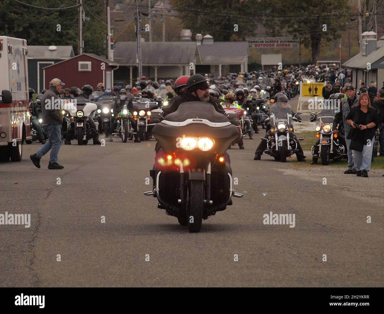 Motorcycle rally in Sussex County New Jersey shows hundreds leaving on a police escorted run through the area. Fundraiser for injured and fallen. Stock Photo
