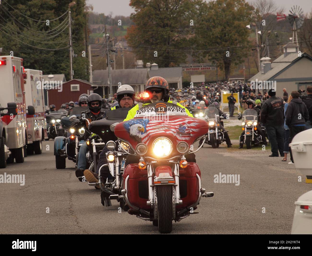 Motorcycle rally in Sussex County New Jersey shows hundreds leaving on a police escorted run through the area. Fundraiser for injured and fallen. Stock Photo