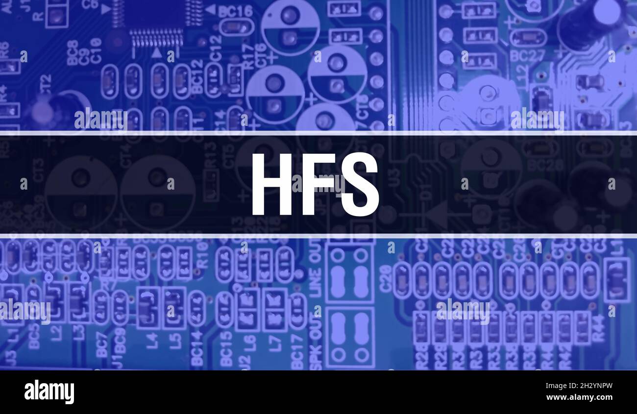 HFS with Electronic components on integrated circuit board Background.Digital Electronic Computer Hardware and Secure Data Concept. Computer motherboa Stock Photo