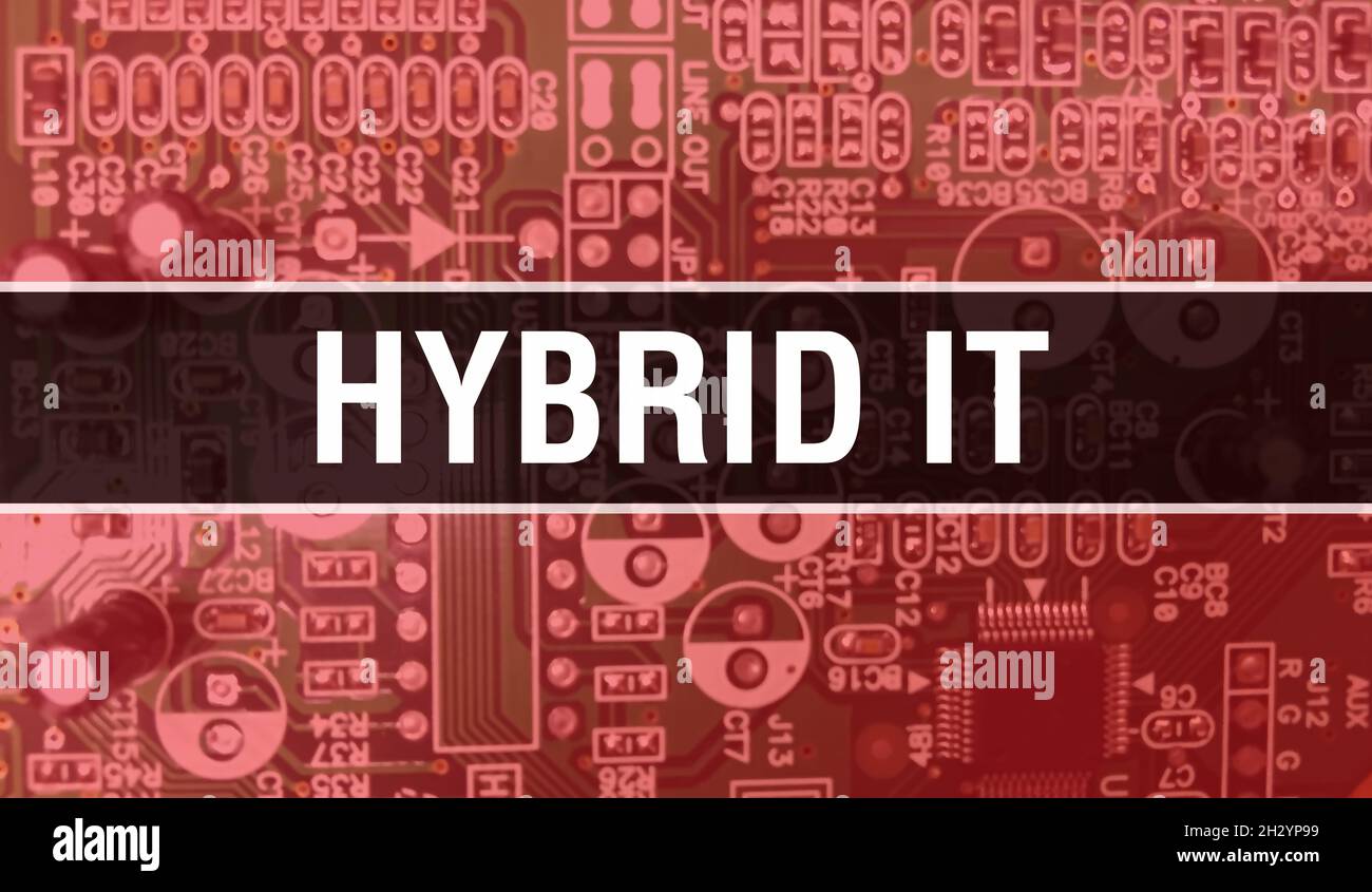 Hy Brid Computer Hybrid IT concept with Computer motherboard. Hybrid IT text written on ...