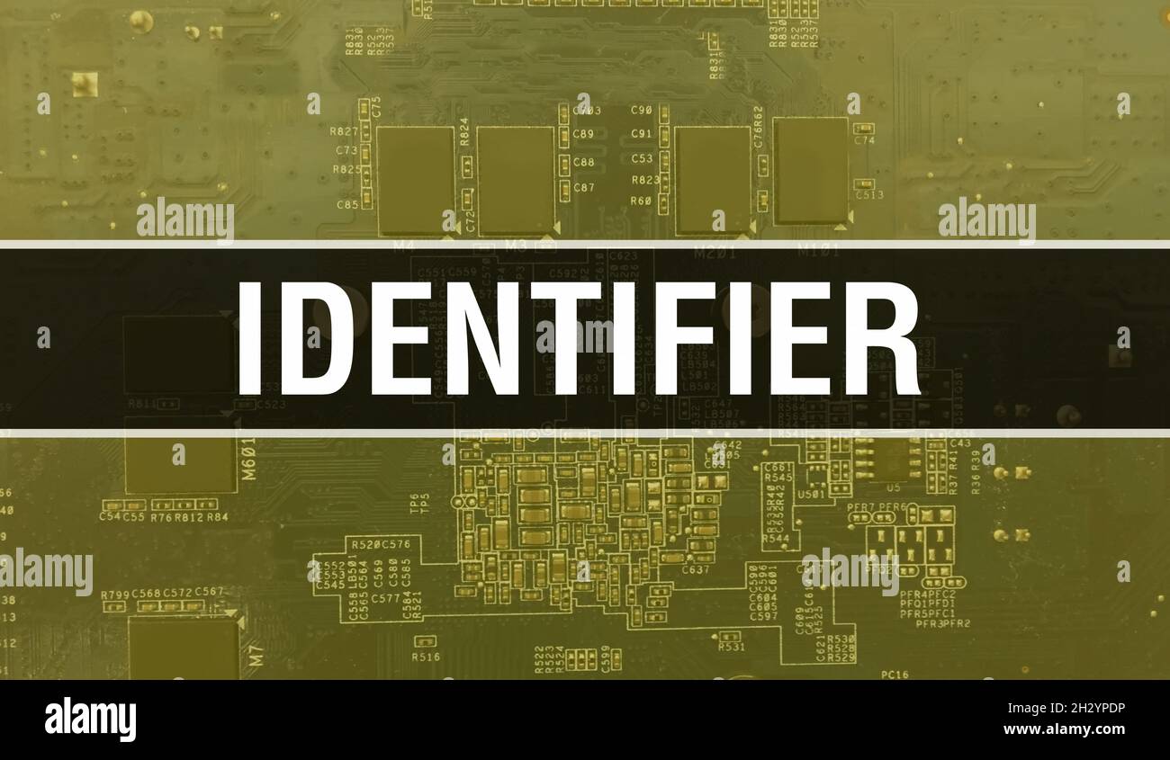 Identifier concept with Electronic Integrated Circuit on circuit board. Identifier with Computer