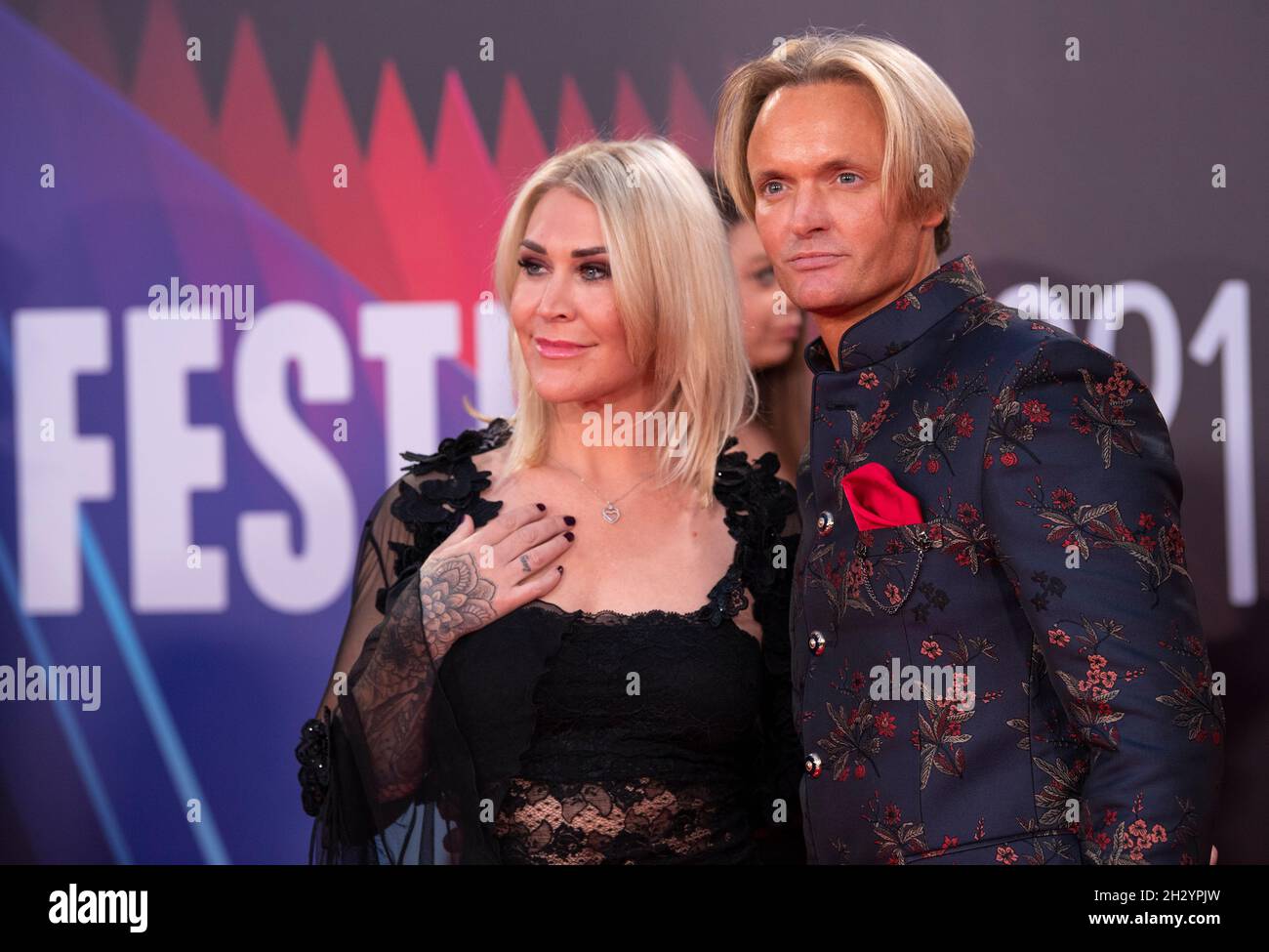 Jo O'Meara and guest attend the UK Premiere of 'King Richard' during the 65th BFI (British Film Institute) London Film Festival at The Royal Festival Hall. Stock Photo