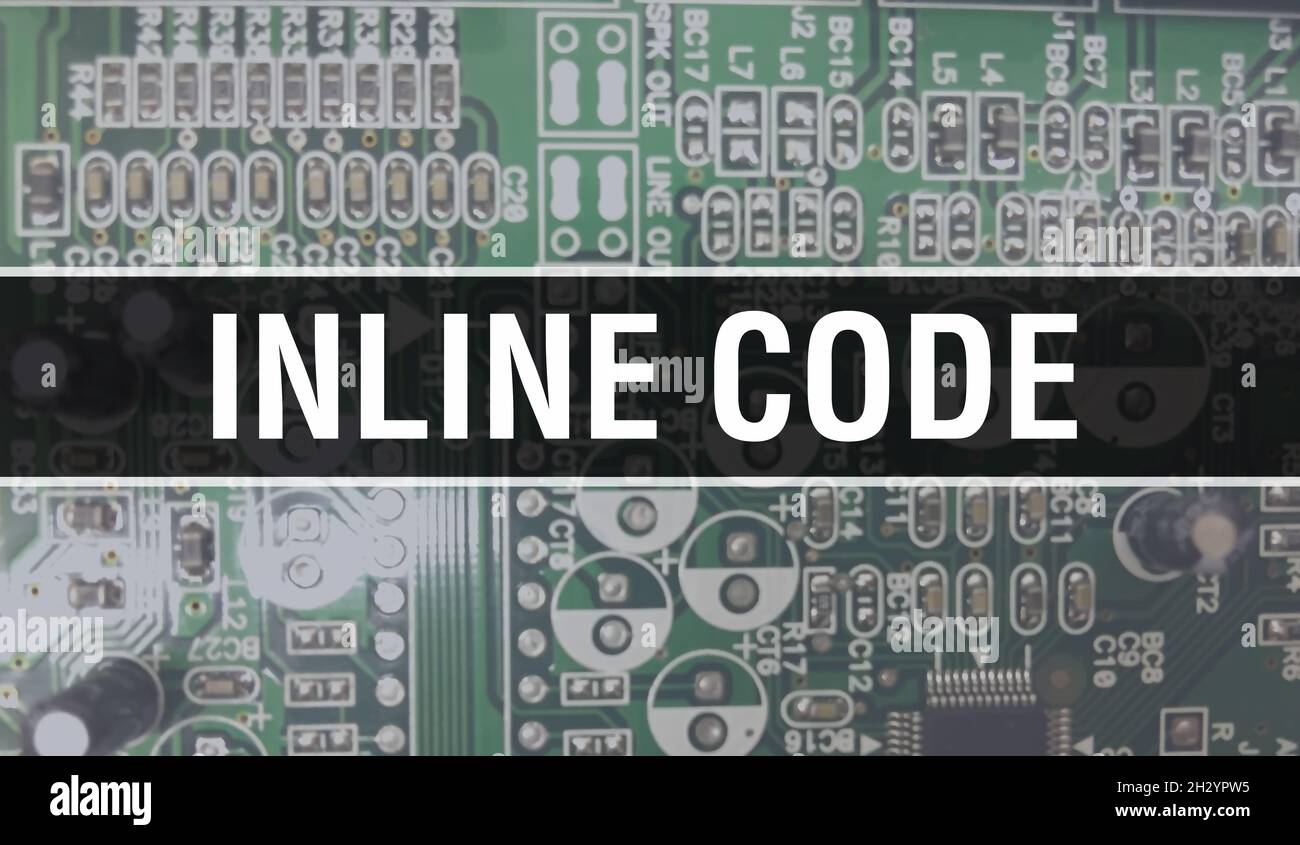 Inline Code concept with Computer motherboard. Inline Code text written