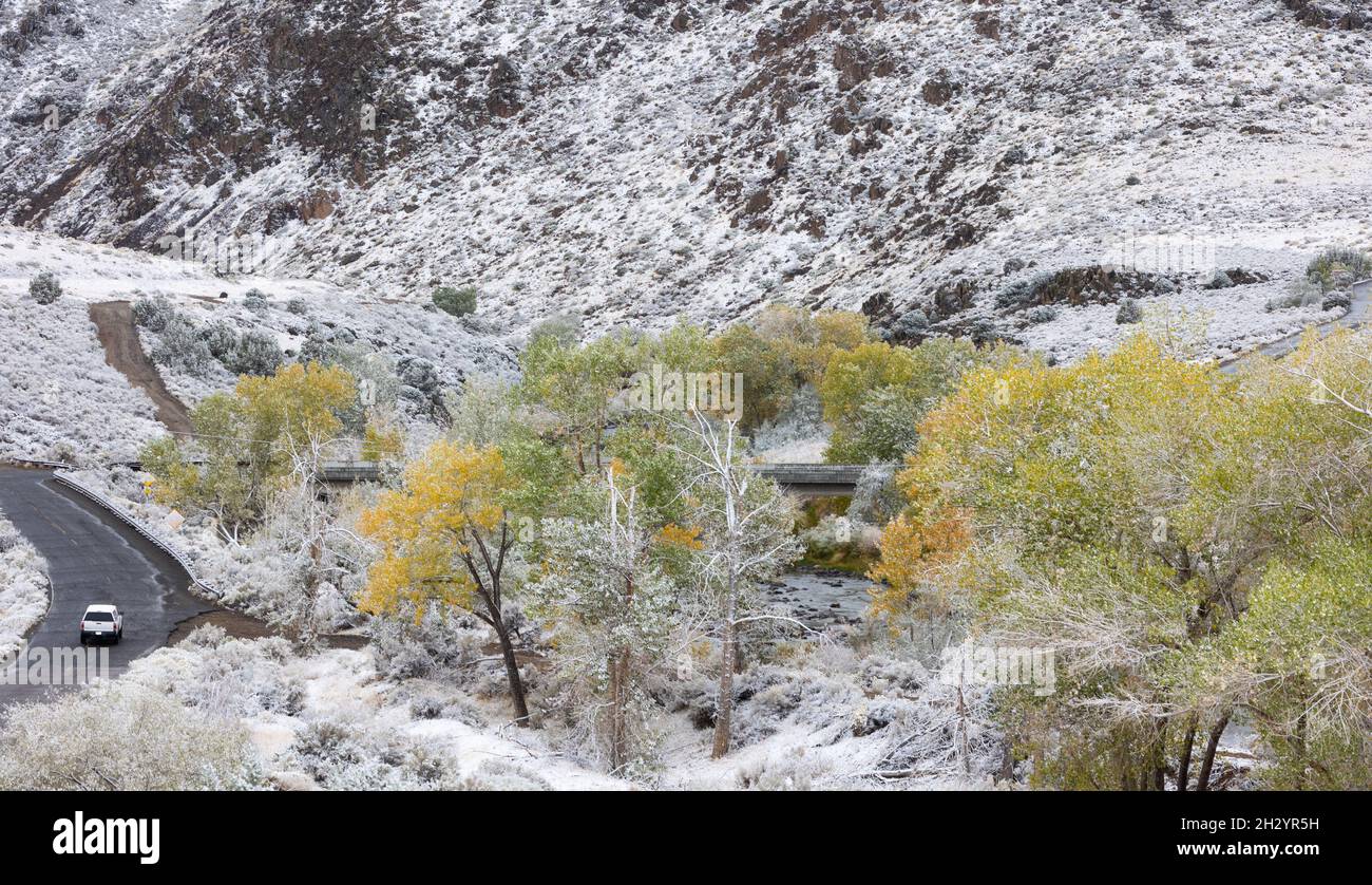 Car driving on a winding road through fresh snow among the autumn colors Stock Photo