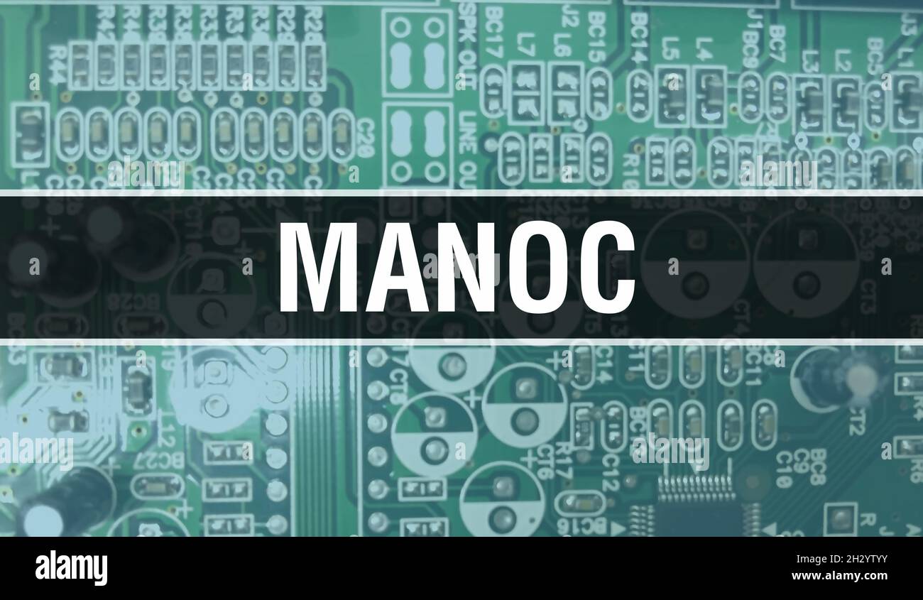 MANOC concept with Computer motherboard. MANOC text written on Technology Motherboard Digital technology background. MANOC with printed circuit board Stock Photo