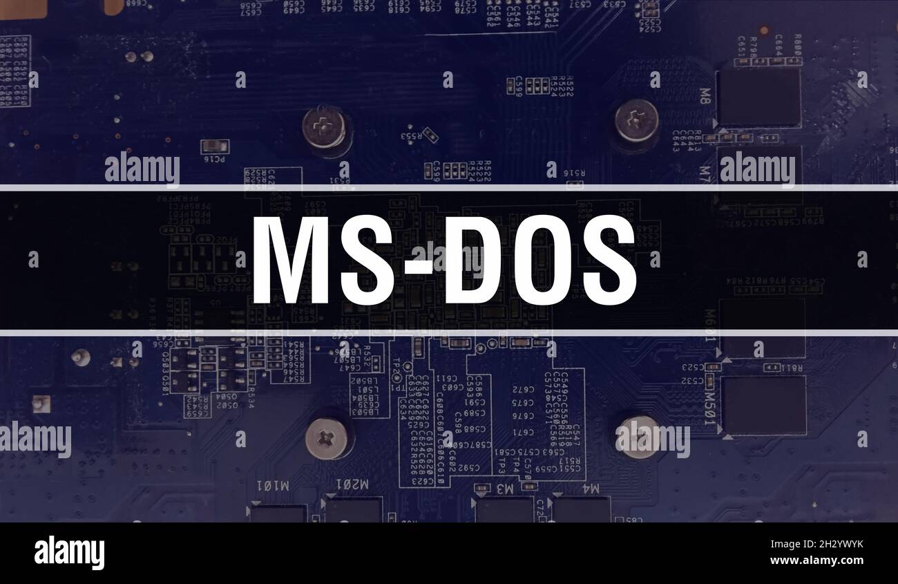 MS-DOS concept with Computer motherboard. MS-DOS text written on Technology Motherboard Digital technology background. MS-DOS with printed circuit boa Stock Photo