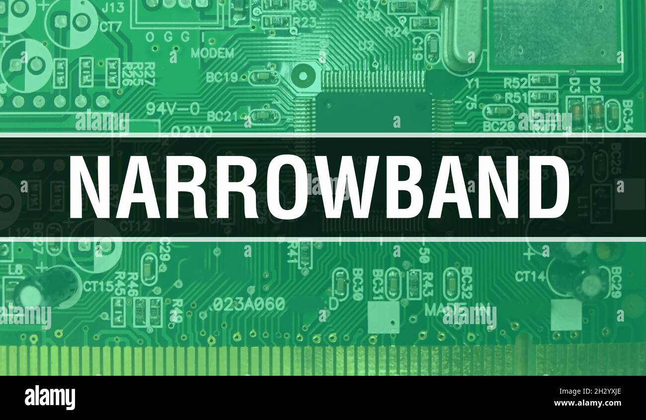 Narrowband concept illustration using Computer Chip in Circuit Board. Narrowband close up of integrated circuits board background. Narrowband on Elect Stock Photo