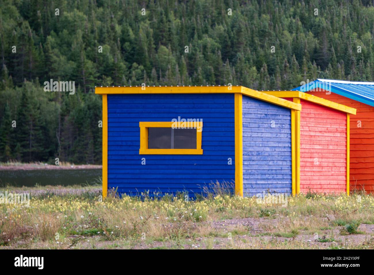 Multiple colorful sheds or storage buildings in a field with trees. One is blue and the others are red. All storage units have a bright yellow trim. Stock Photo