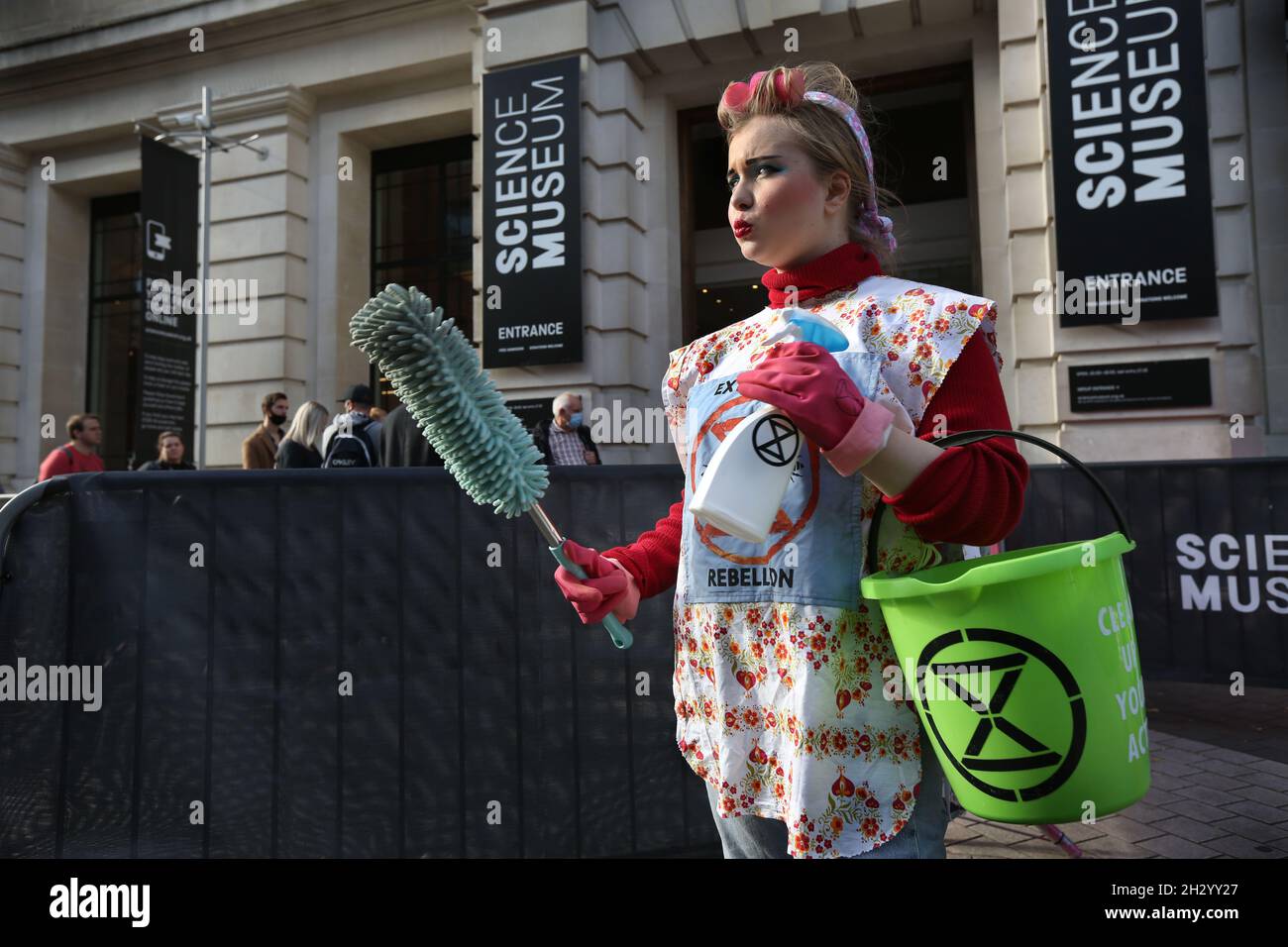London, UK. 24th Oct, 2021. A protester seen dressed as a scrubber during the extinction rebellion protest.Extinction Rebellion insist that the Science Museum stop receiving sponsorship from multinational oil and gas companies like Shell and BP. By accepting sponsorship from some of the world's biggest polluters prestigious museums are helping them clean up their image and continue their devastating planetary destruction. Credit: SOPA Images Limited/Alamy Live News Stock Photo