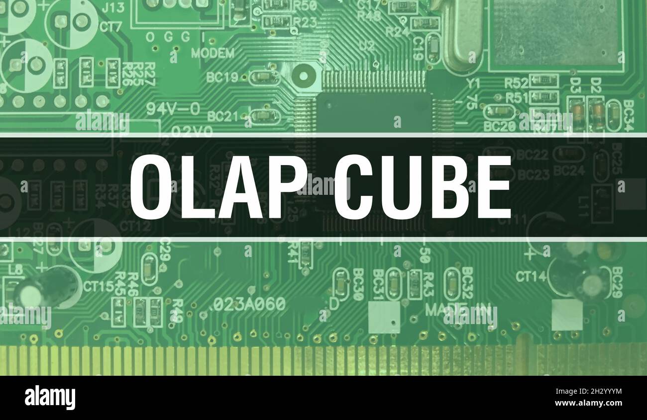 OLAP Cube concept with Computer motherboard. OLAP Cube text written on ...