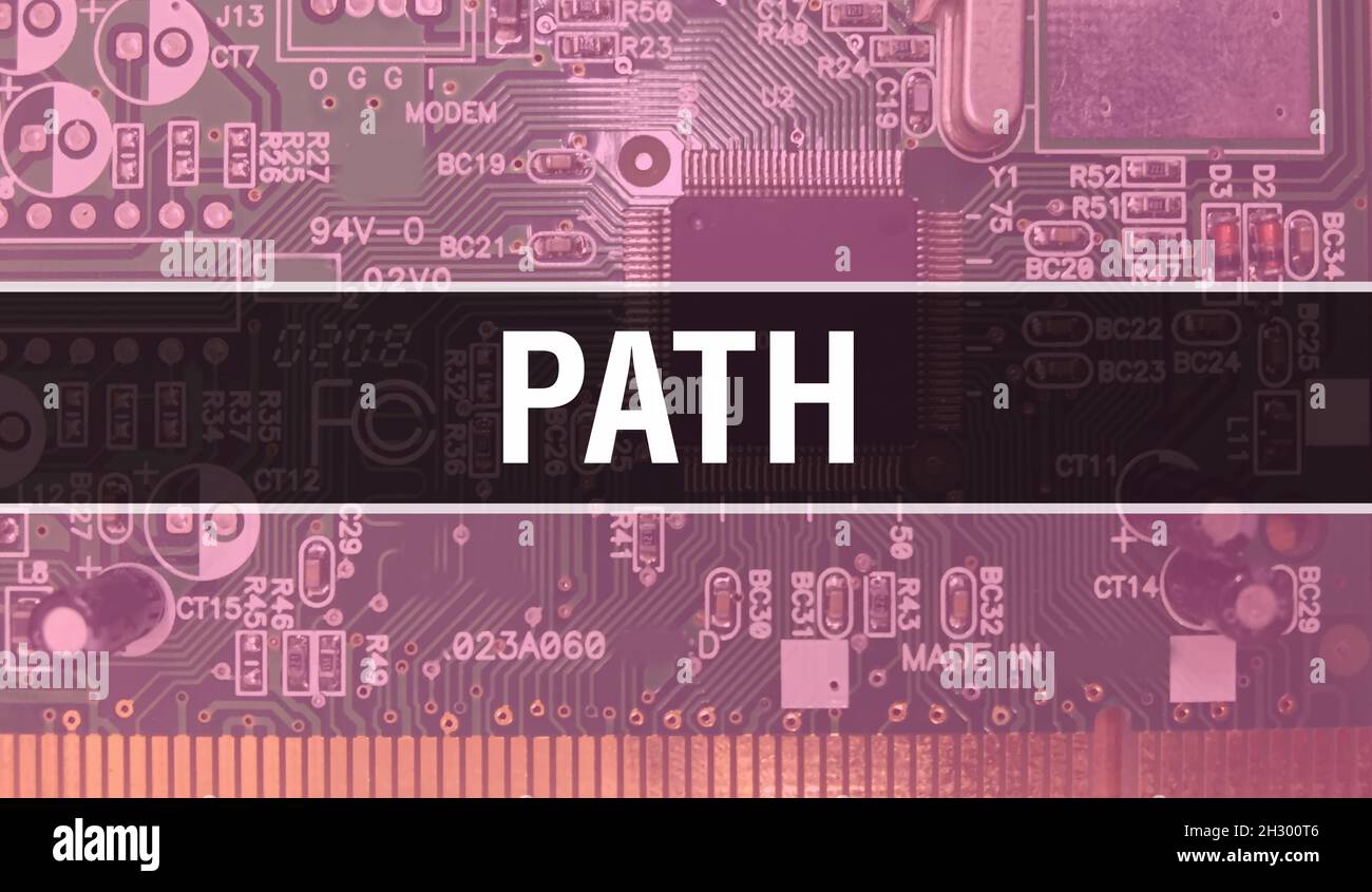 Path concept with Computer motherboard. Path text written on Technology ...